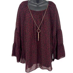 JM Collection Women XL Cherry Pie Red Black Leopard Blouse Long Bell Sleeve New